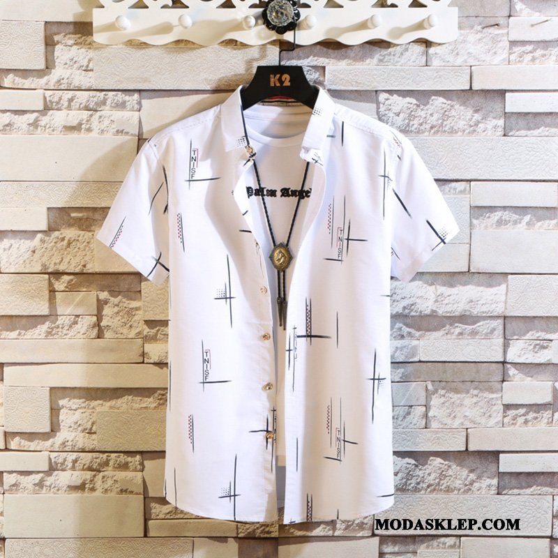 Męskie Koszula Online Casual Tendencja Krótki Rękaw Męska Slim Fit Biały