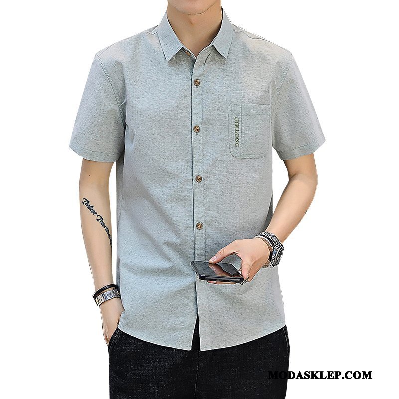 Męskie Koszula Online Krótki Rękaw Kieszenie Casual Slim Fit Męska Zielony