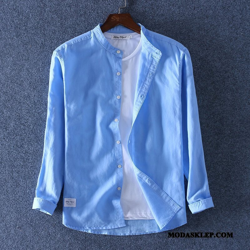 Męskie Koszula Online Slim Fit Casual Wysoki Kołnierz Bawełna I Len Długi Rękaw Niebieski Biały
