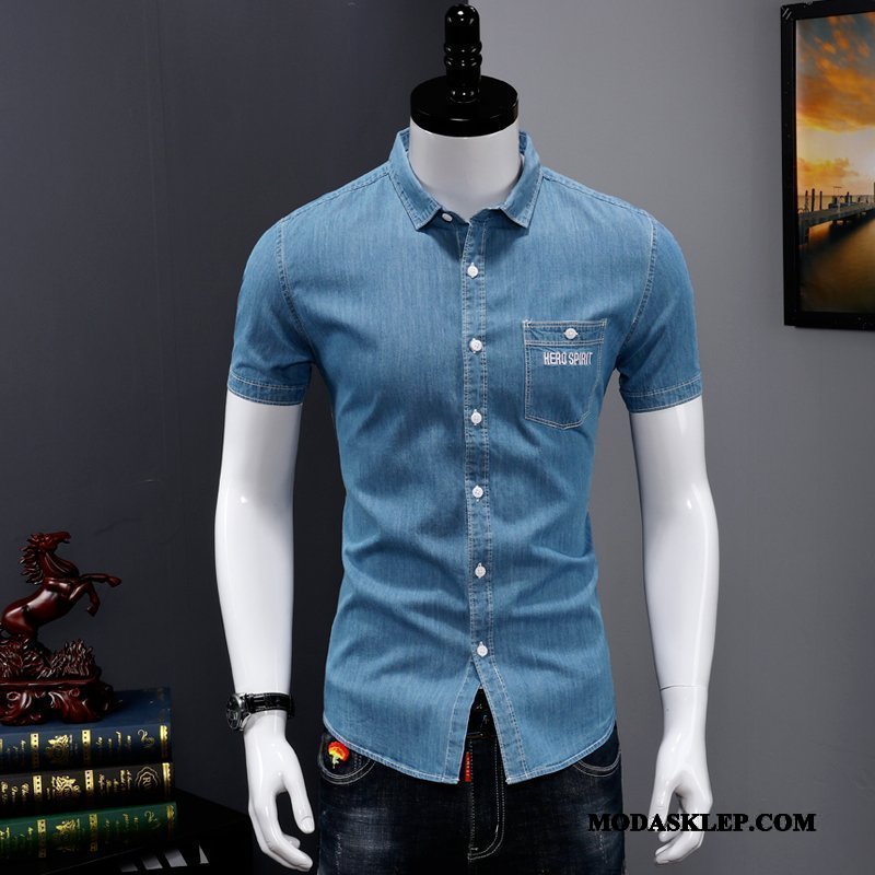 Męskie Koszula Sklep Topy Slim Fit Denim Tendencja Cienkie Niebieski