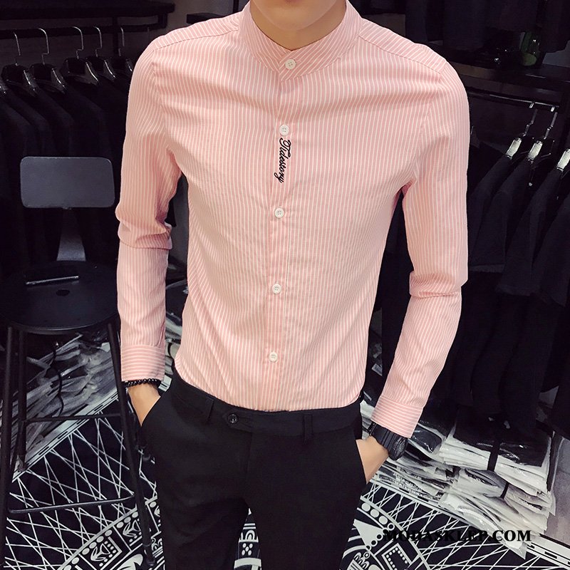 Męskie Koszula Sklep Z Haftem Slim Fit W Paski 2019 Lato Proszek