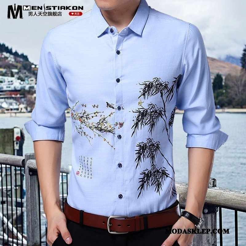 Męskie Koszula Sprzedam Slim Fit Chiński Styl Drukowana Casual 2019 Niebieski
