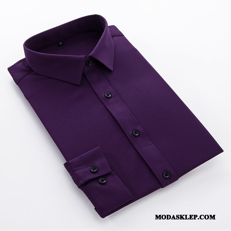 Męskie Koszula Tanie Biznes Jesień 2019 Casual Slim Fit Czysta Fioletowy Biały