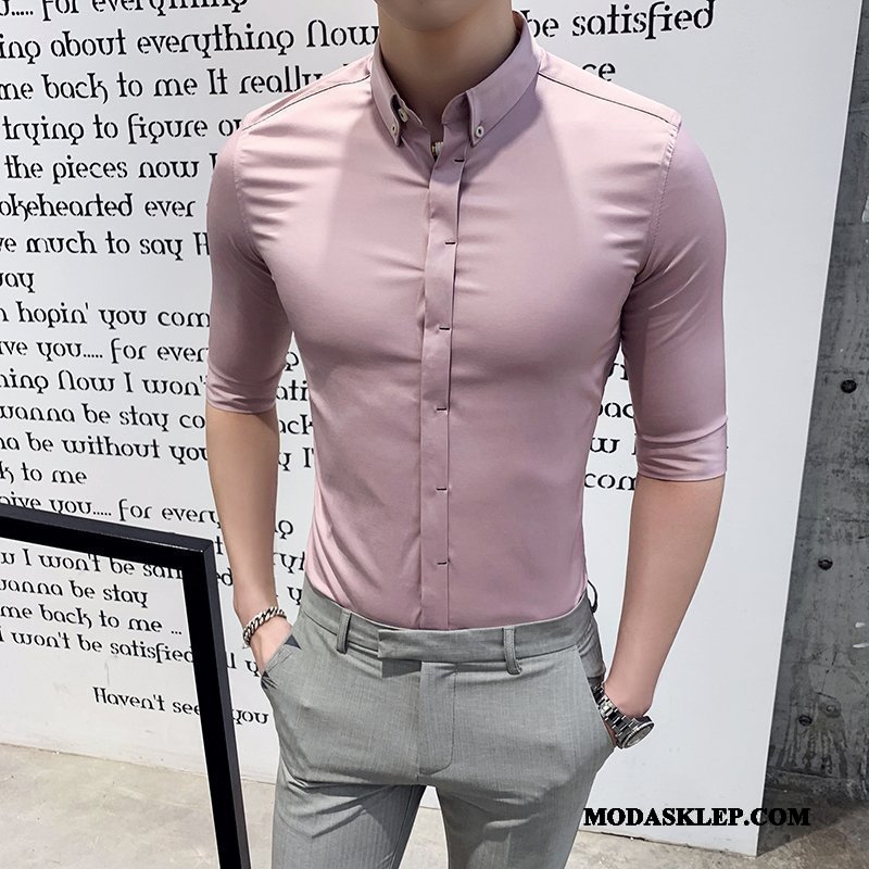 Męskie Koszula Tanie Rękawy Tendencja Męska Casual Slim Fit Biały Proszek