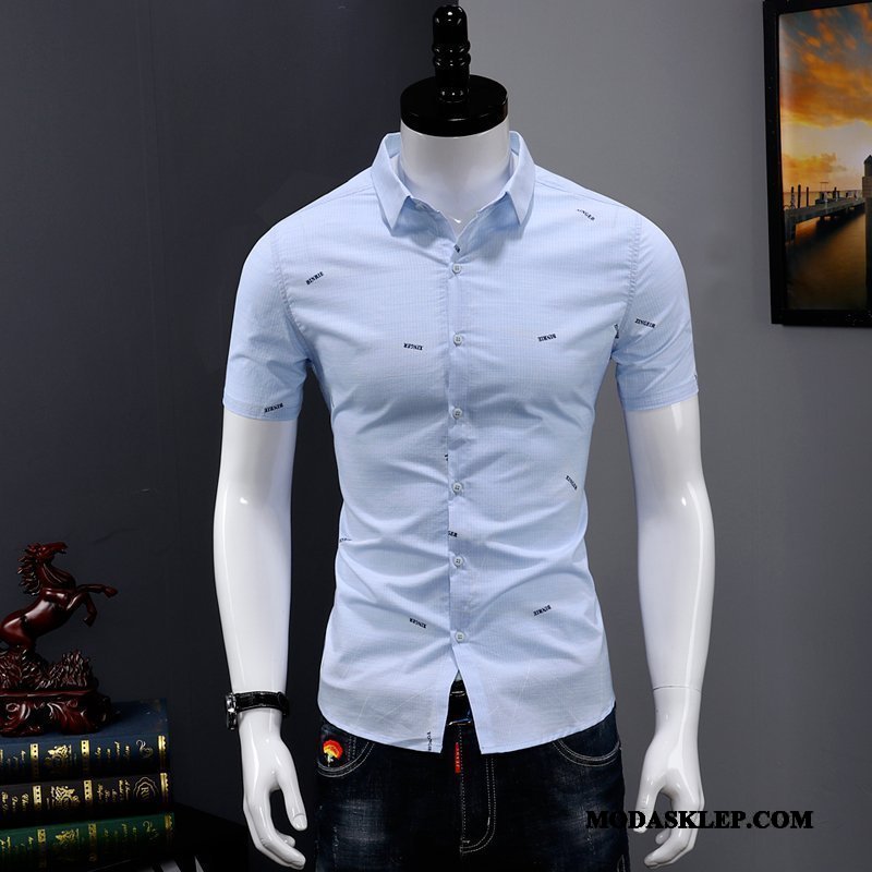 Męskie Koszula Tanie Slim Fit Krótki Rękaw Moda Męska Cienkie Niebieski