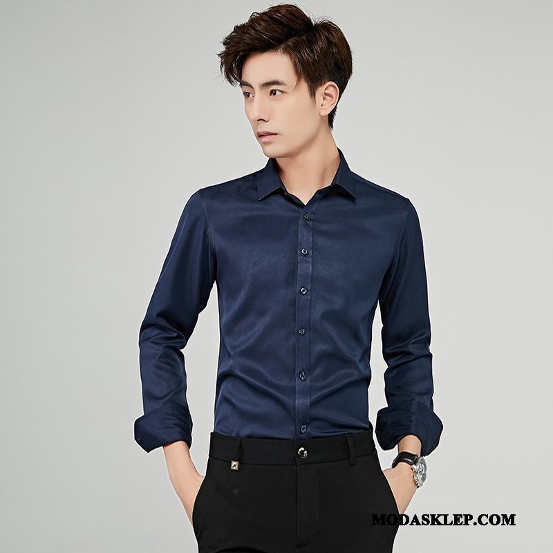 Męskie Koszula Tanie Slim Fit Tendencja Męska Casual Nastolatek Ciemno Niebieski