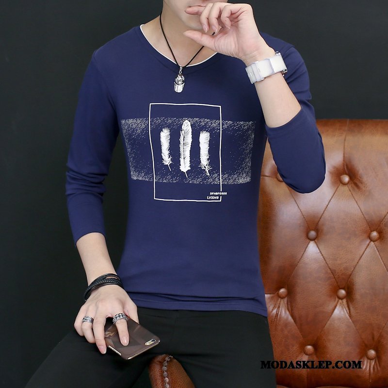 Męskie Koszulki Online Jesień Topy Slim Fit Męska T-shirt Z Długim Rękawem Niebieski