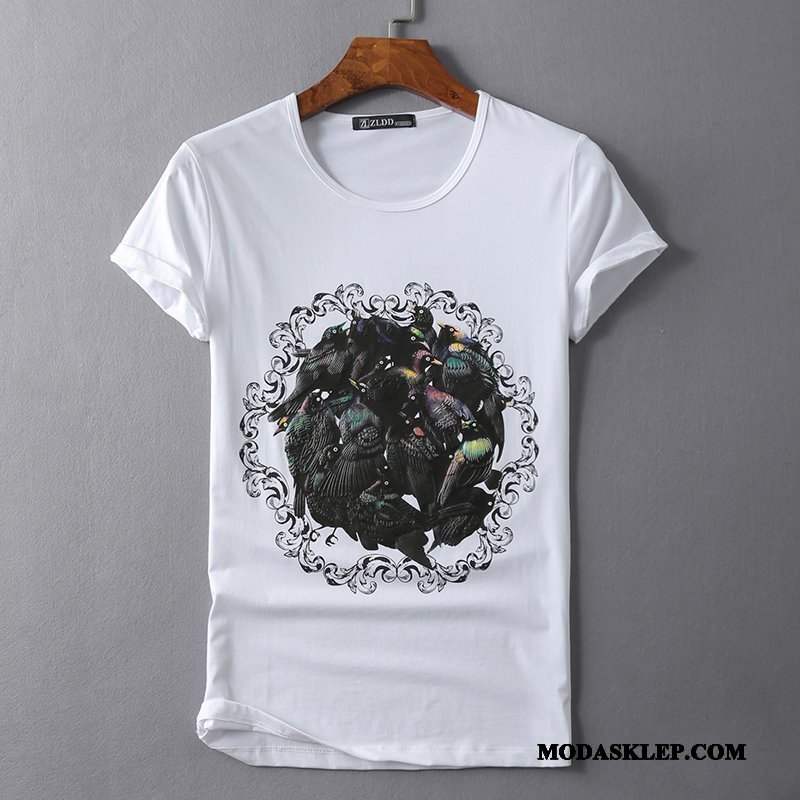 Męskie Koszulki Sklep Męska Oryginalny Casual Slim Fit Ptak Biały