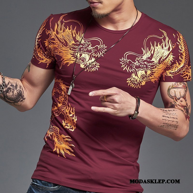 Męskie Koszulki Sprzedam Slim Fit Okrągły Dekolt Tendencja Lato 2019 Czerwony