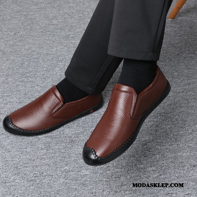 Męskie Mokasyny Sklep Slip On Prawdziwa Skóra Okrągły Buty Żeglarskie Miękka Podeszwa Brązowy