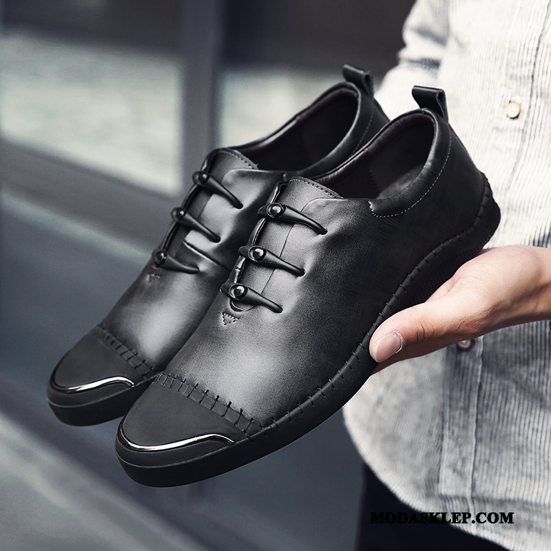 Męskie Półbuty Wizytowe Dyskont Skórzane Buty Wiosna Męska Młodzież Slip On Czarny