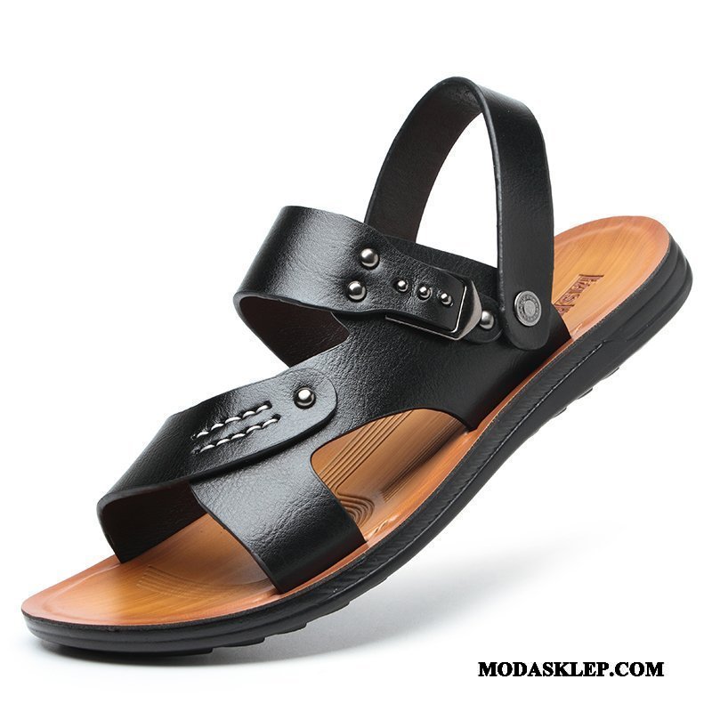 Męskie Sandały Online 2019 Skóra Casual Kapcie Buty Czarny