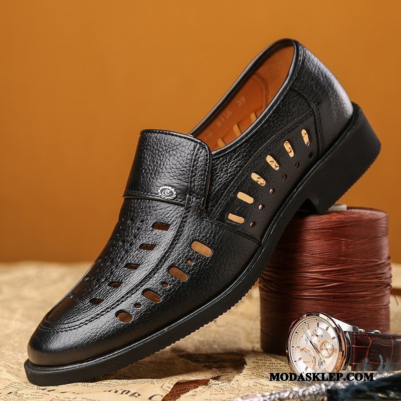 Męskie Sandały Sklep Skórzane Buty Casual Oddychające Prawdziwa Skóra Koronka Czarny