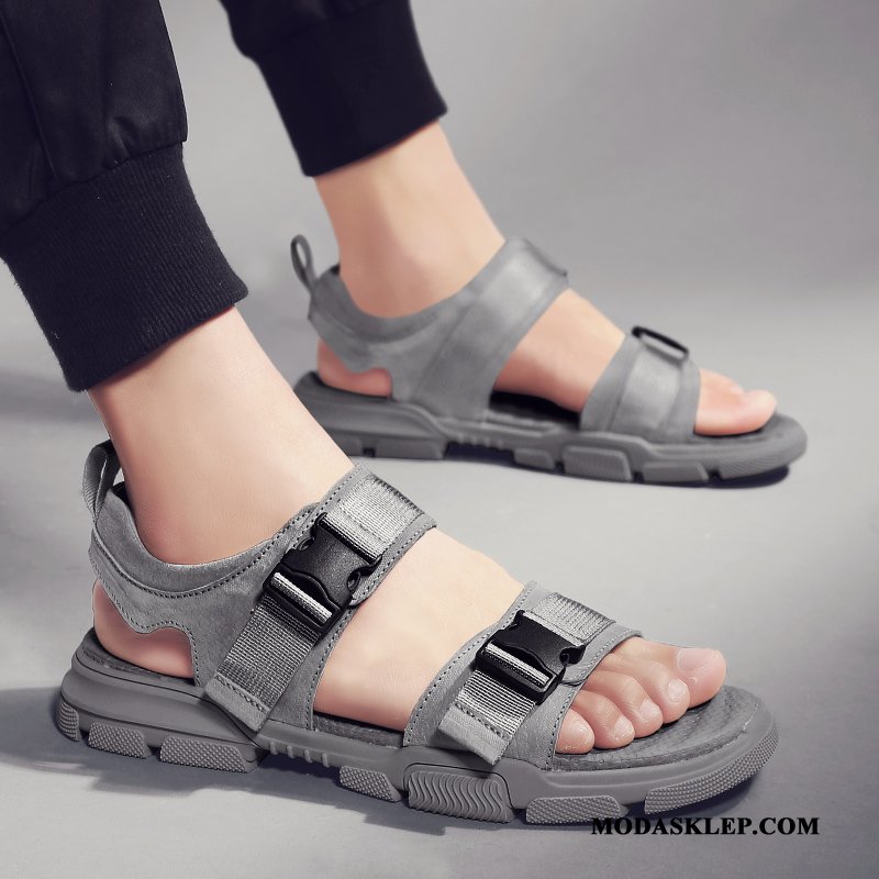 Męskie Sandały Sprzedam Moda Lato Prawdziwa Skóra Buty Męska Szary