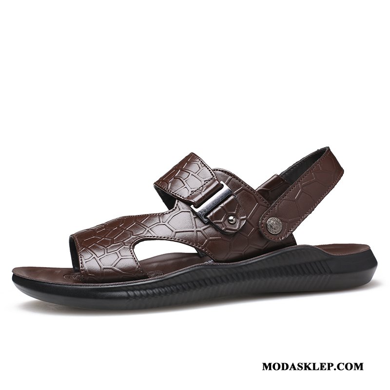 Męskie Sandały Tanie Prawdziwa Skóra Kapcie Buty Casual Męska Brązowy
