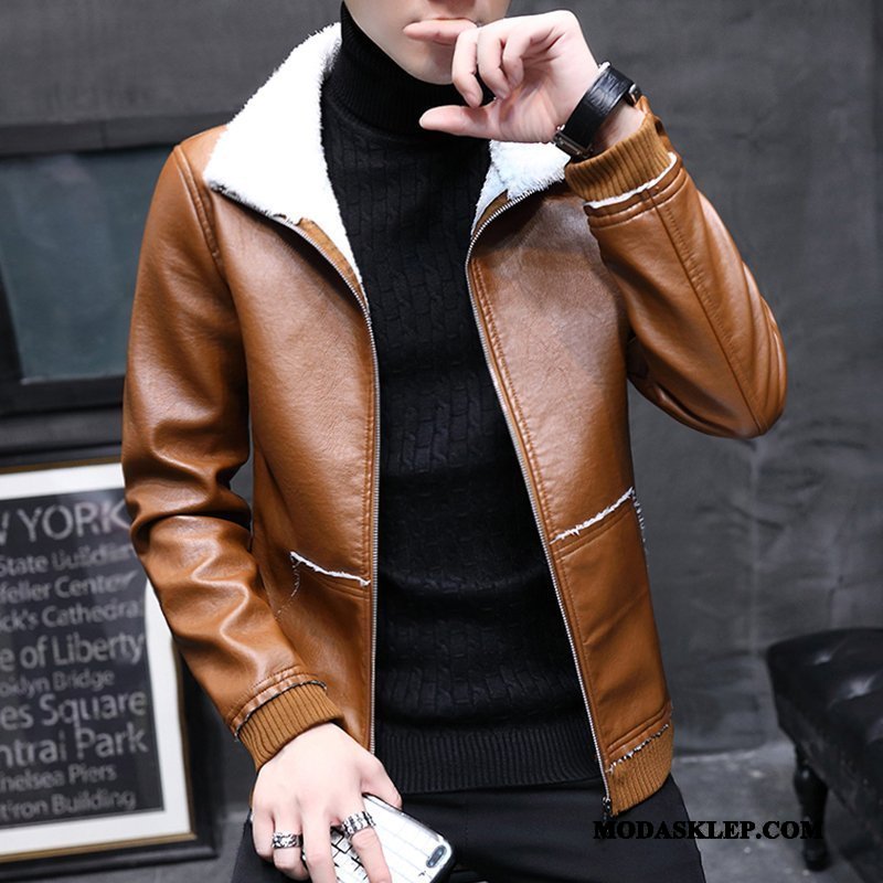 Męskie Skórzana Kurtka Oferta Dla Grubych 2019 Slim Fit Płaszcz Skóra Brązowy