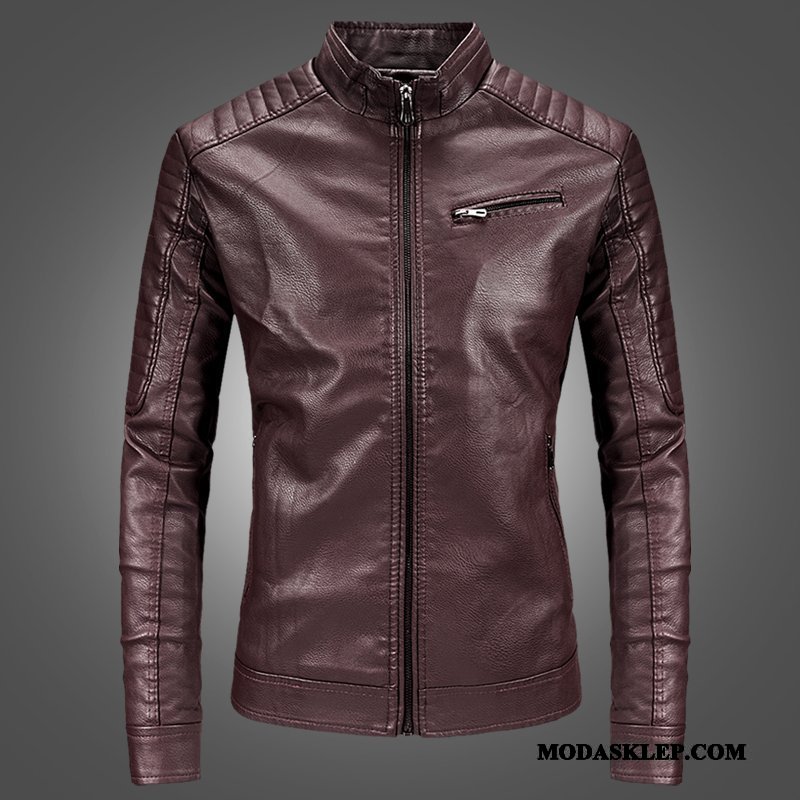 Męskie Skórzana Kurtka Oferta Nowy Wiosna Skóra Płaszcz Slim Fit Czerwony