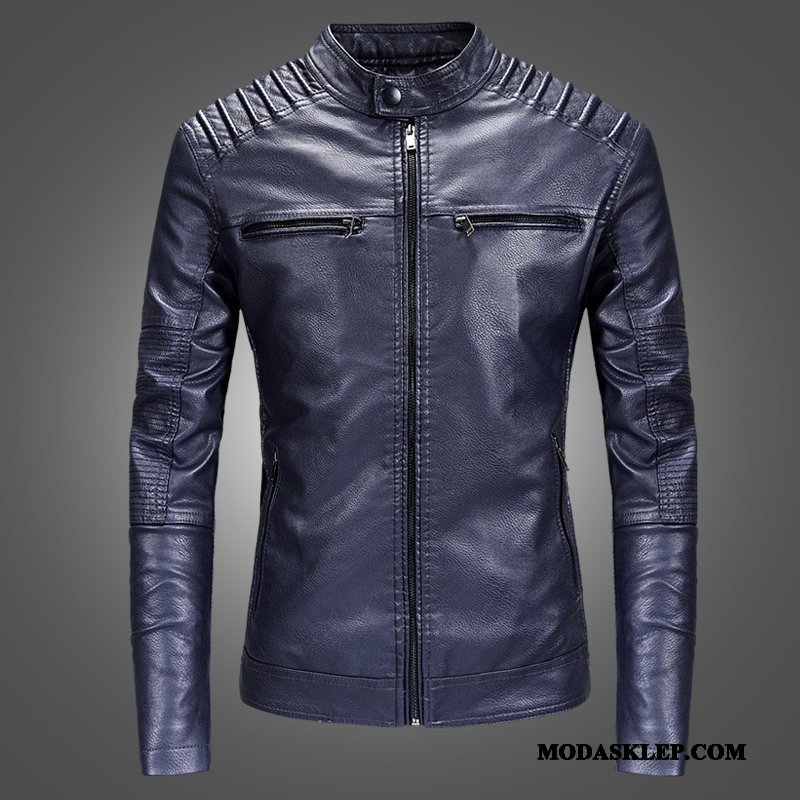 Męskie Skórzana Kurtka Online 2019 Slim Fit Nowy Casual Męska Ciemno Niebieski