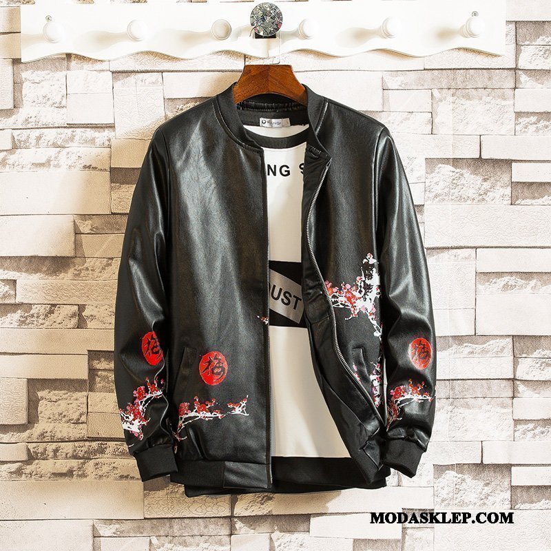 Męskie Skórzana Kurtka Online Slim Fit Wiosna Motocyklem Płaszcz Piękny Czarny