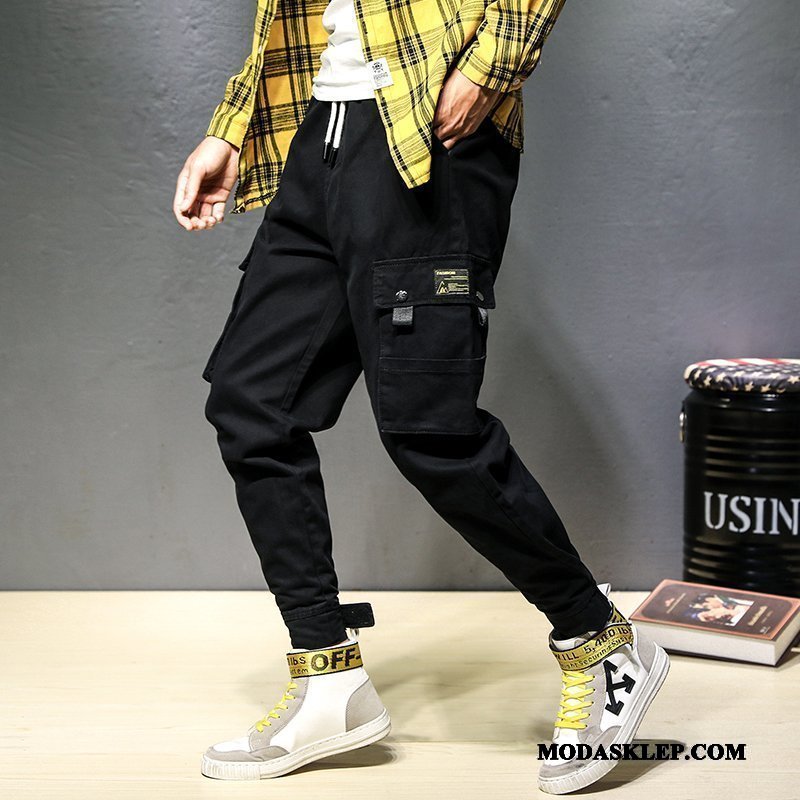 Męskie Spodnie Cargo Online Slim Fit Mały Casualowe Spodnie Więcej Kieszeni Szerokie Czarny