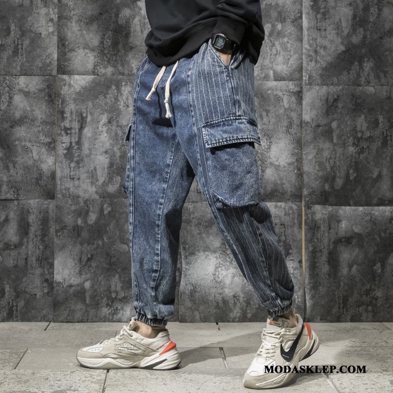 Męskie Spodnie Cargo Sklep Szycie Lato Slim Fit Szerokie Modna Marka Niebieski