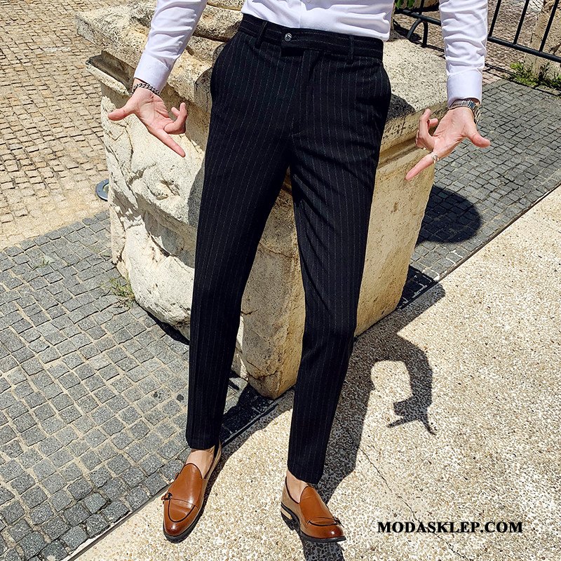 Męskie Spodnie Kup Biznes Garnitur W Paski Slim Fit Proste Czarny