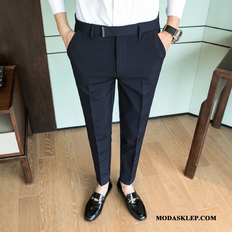 Męskie Spodnie Sklep Męska Lato Casual Biznes Slim Fit Ciemno Niebieski Czysta